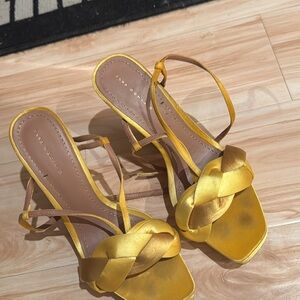 Zara Yellow Satin Braided Strap Heels
